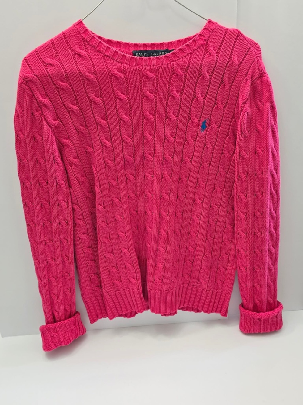 Ralph Lauren Bright Pink Cable-Knit Crewneck Sweater